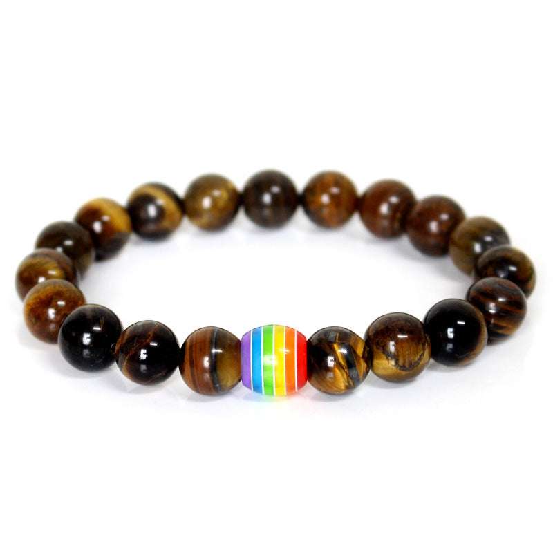 rainbow pride bead bracelet, accessory for pride events, unisex, tigers eye