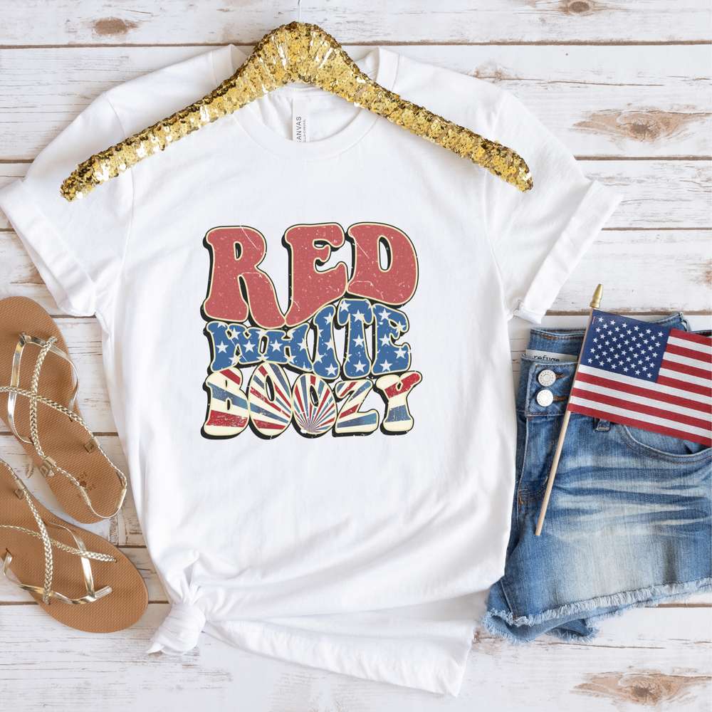 Red, white and boozy, womens tee, Fourth of July, party shirt, celebrations, white