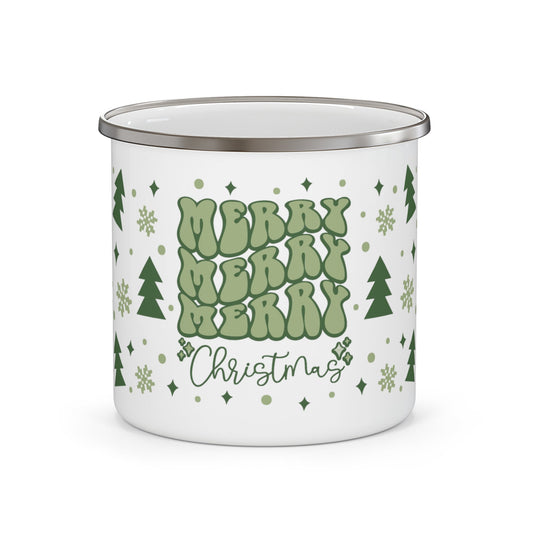 Merry christmas, retro design, enamel camp mug, stainless steel, holiday drinkware