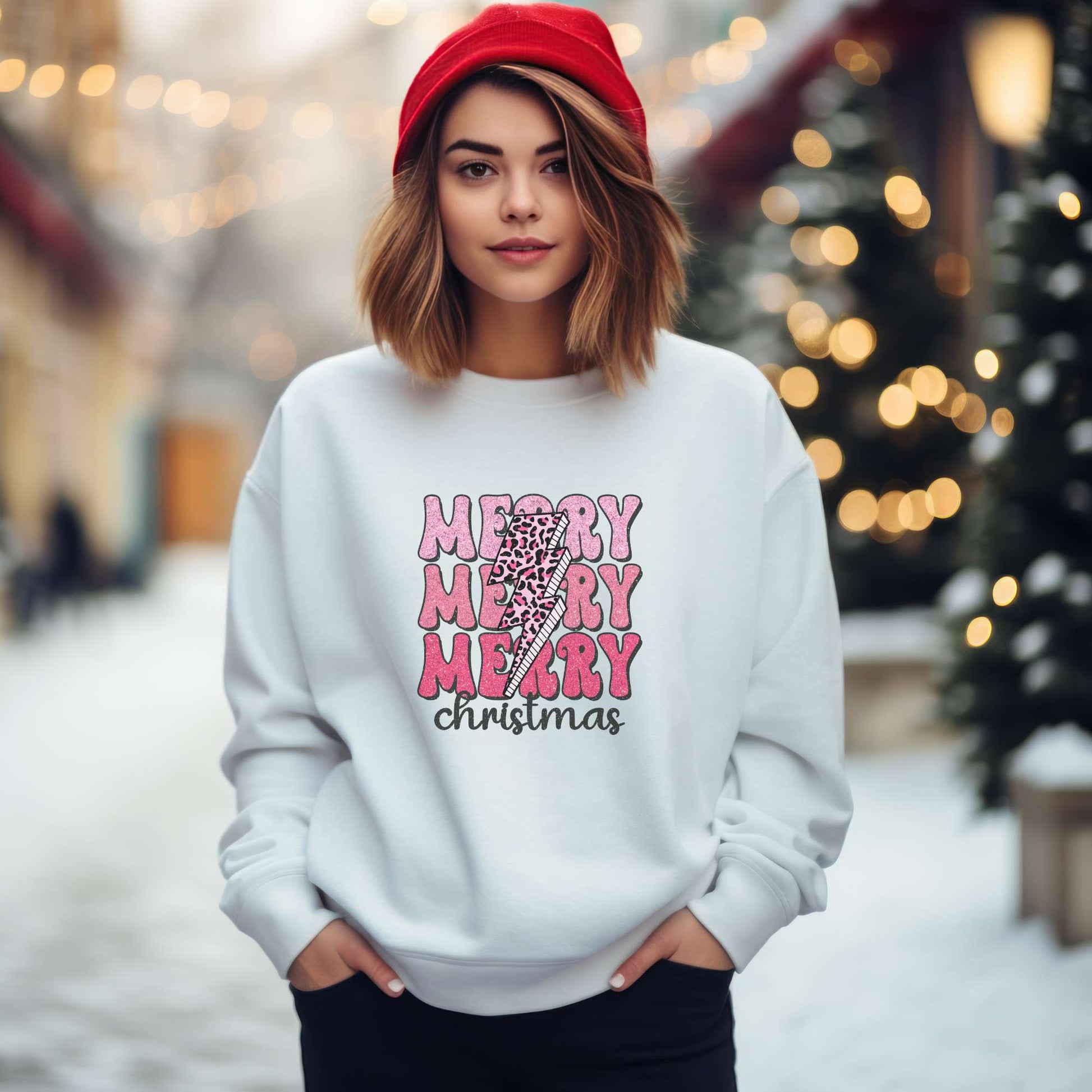 retro merry christmas, women's sweatshirt, holiday apparel, white