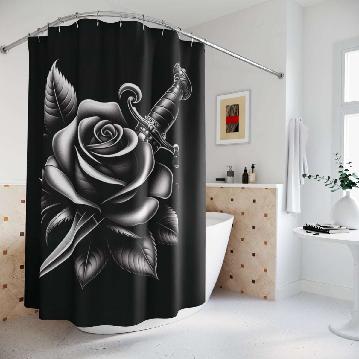 rose and dagger, shower curtain, black and white, bathroom decor, 71"x74"