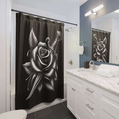 rose and dagger, shower curtain, black and white, bathroom decor, 71"x74"