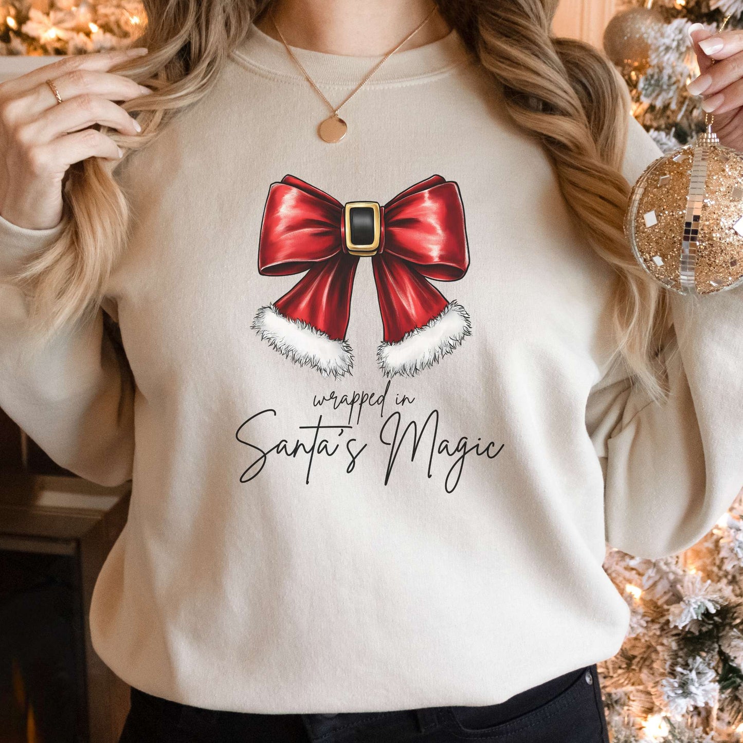 christmas coquette bow, wrapped in santas magic, womens sweatshirt, holiday apparel, sand