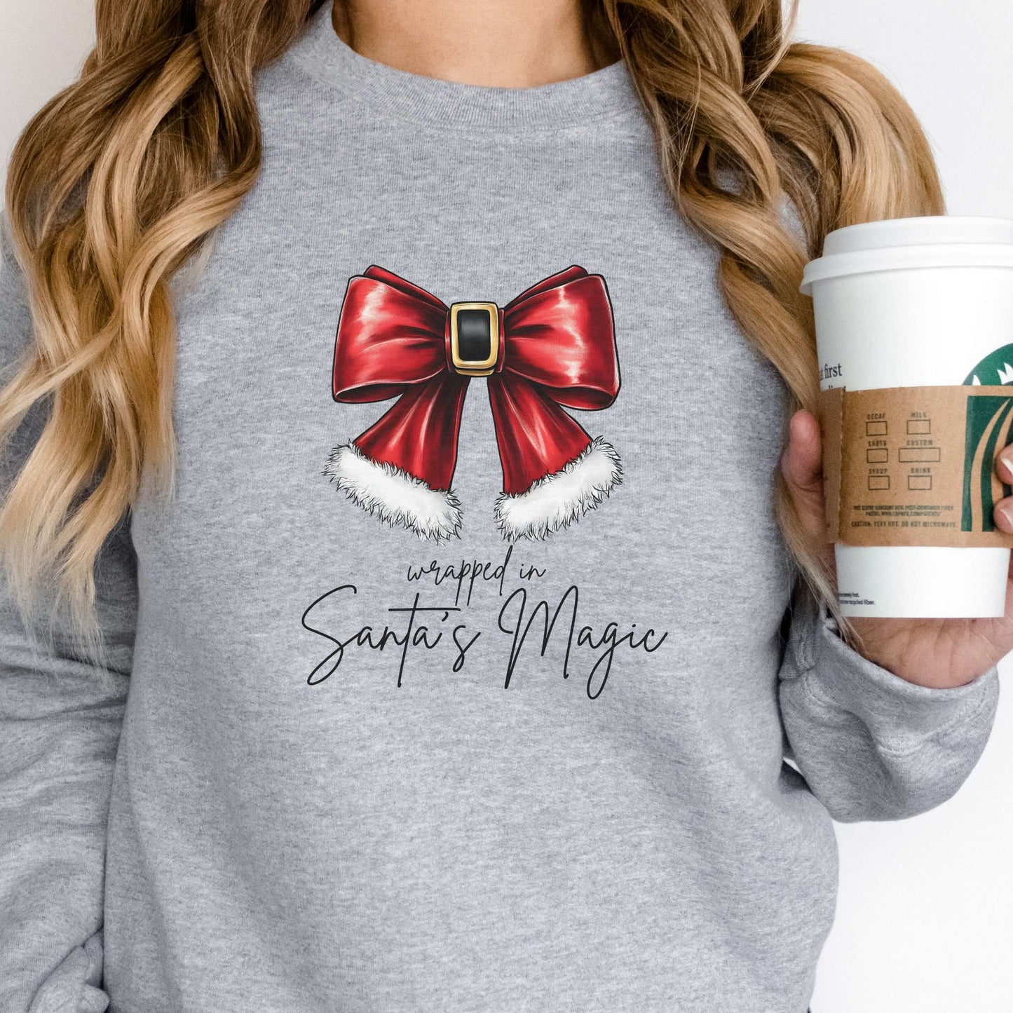 christmas coquette bow, wrapped in santas magic, womens sweatshirt, holiday apparel, sport grey