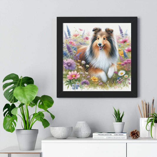 shetland sheepdog, wildflowers, framed poster, wall art, home decor, dog lover, black frame