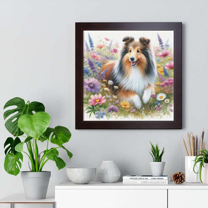 shetland sheepdog, wildflowers, framed poster, wall art, home decor, dog lover, walnut frame