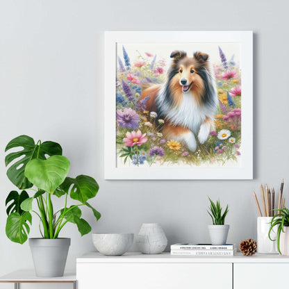 shetland sheepdog, wildflowers, framed poster, wall art, home decor, dog lover, white frame