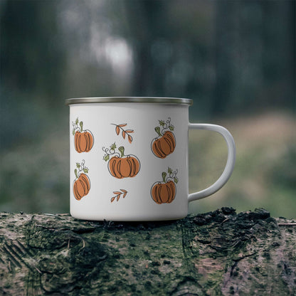 simply pumpkins, enamel camping mug, stainless steel, pumpkin design, 12 oz