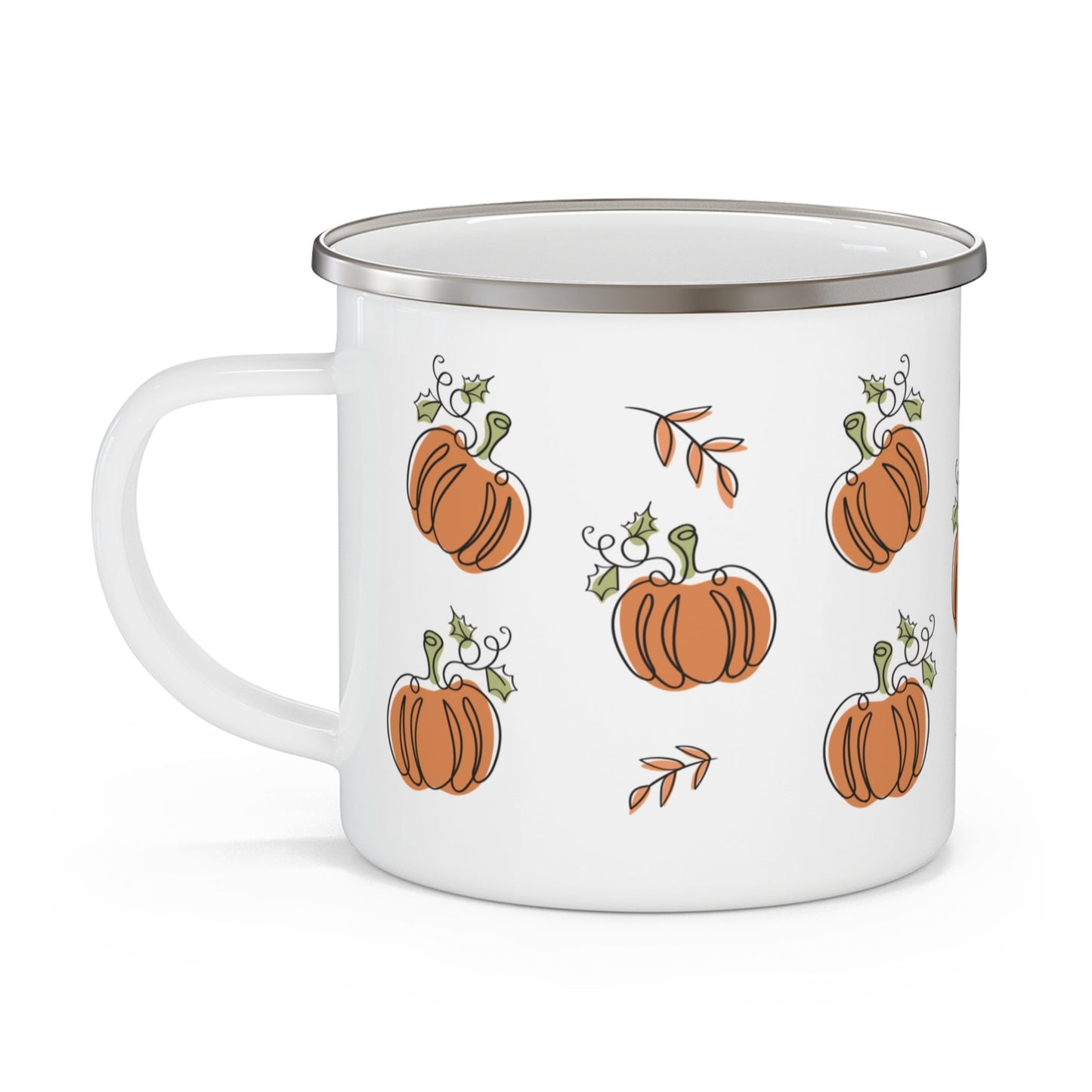 simply pumpkins, enamel camping mug, stainless steel, pumpkin design, 12 oz