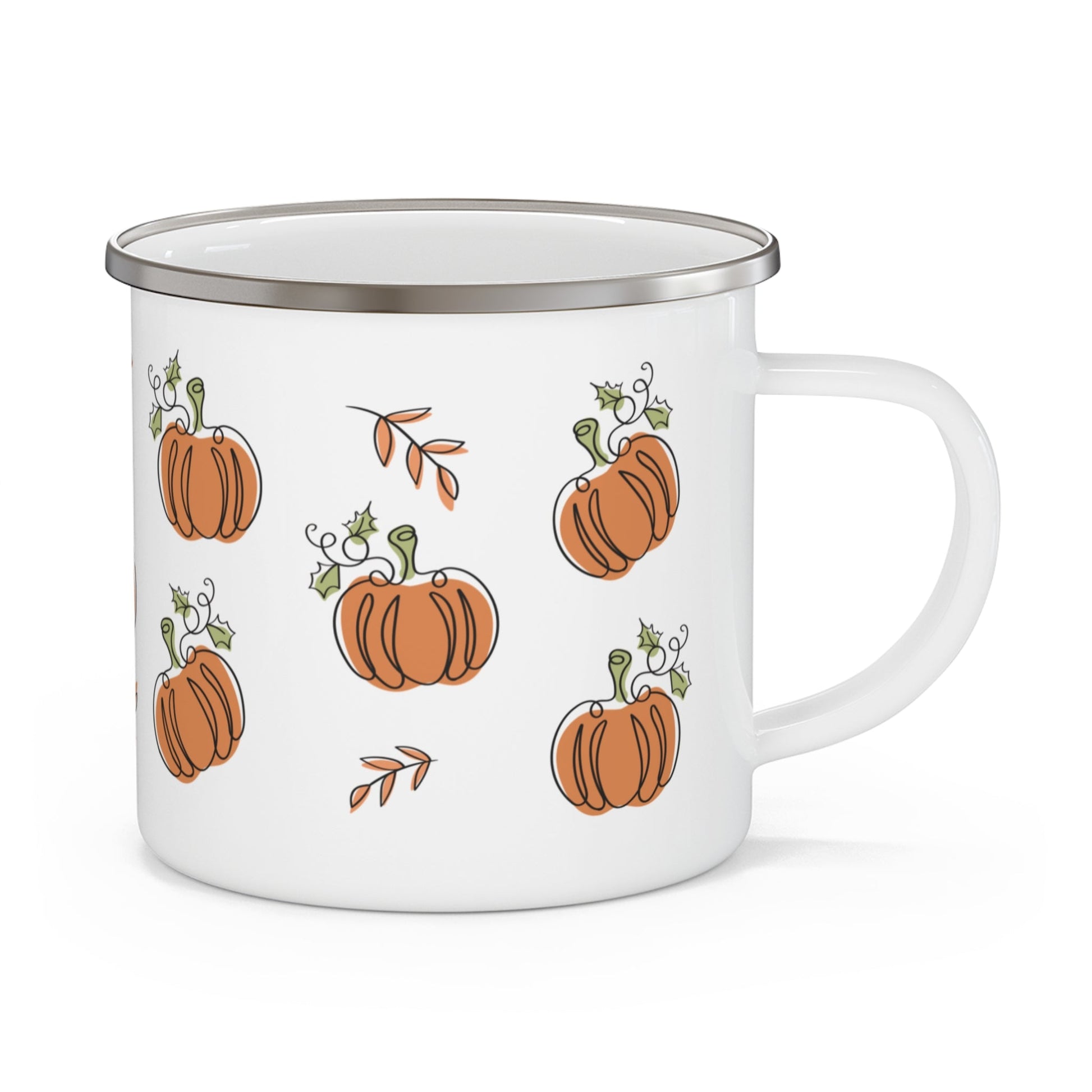 simply pumpkins, enamel camping mug, stainless steel, pumpkin design, 12 oz