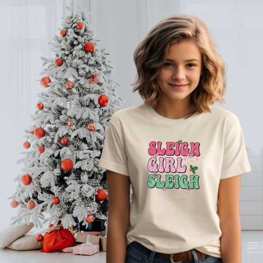 Sleigh Girl Sleigh, girls youth tee, Christmas top, retro design, holiday apparel, natural