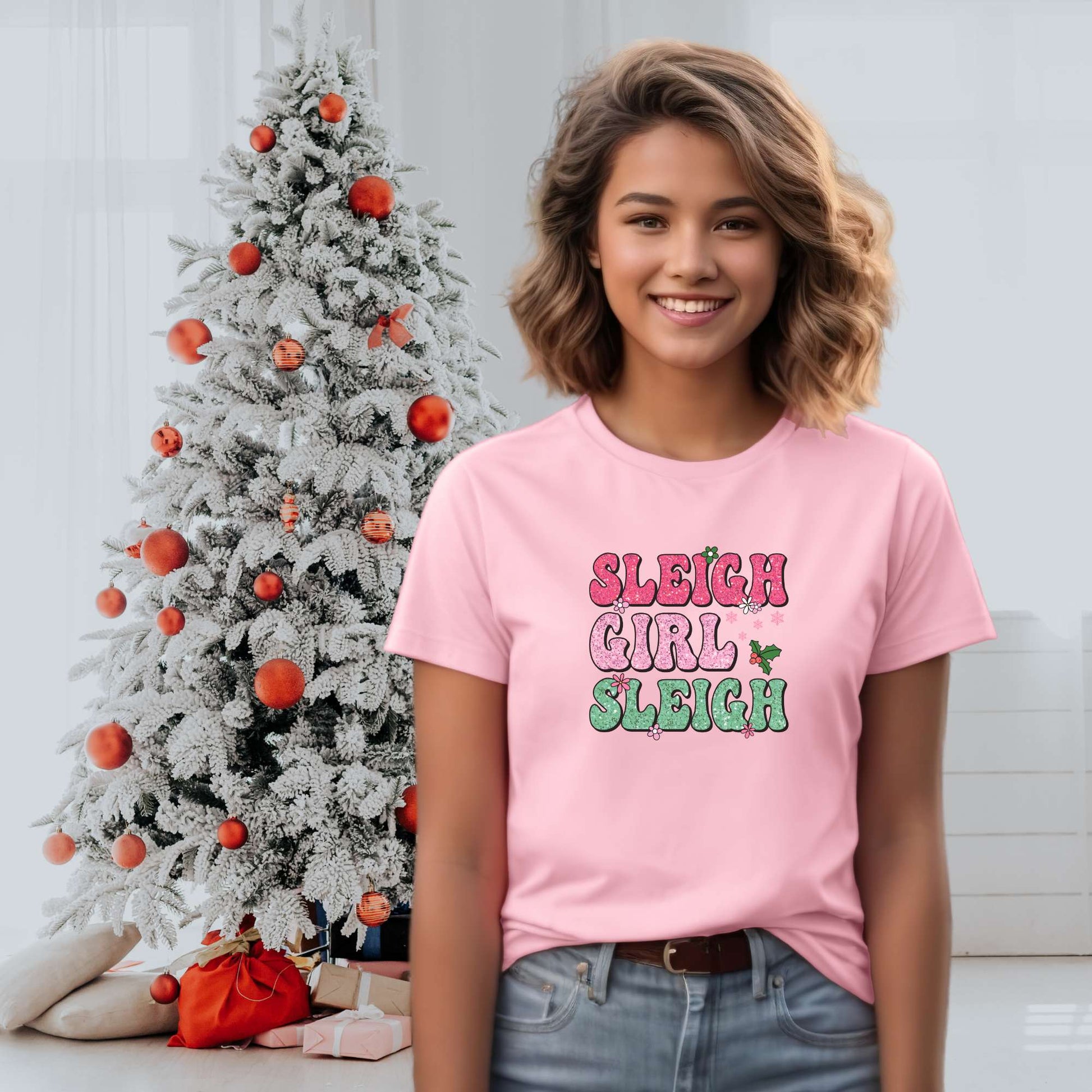 Sleigh Girl Sleigh, girls youth tee, Christmas top, retro design, holiday apparel, pink