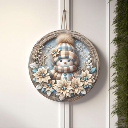 snowman in 3d, door sign, christmas decor, blue and beige snowman with floral, rustic look