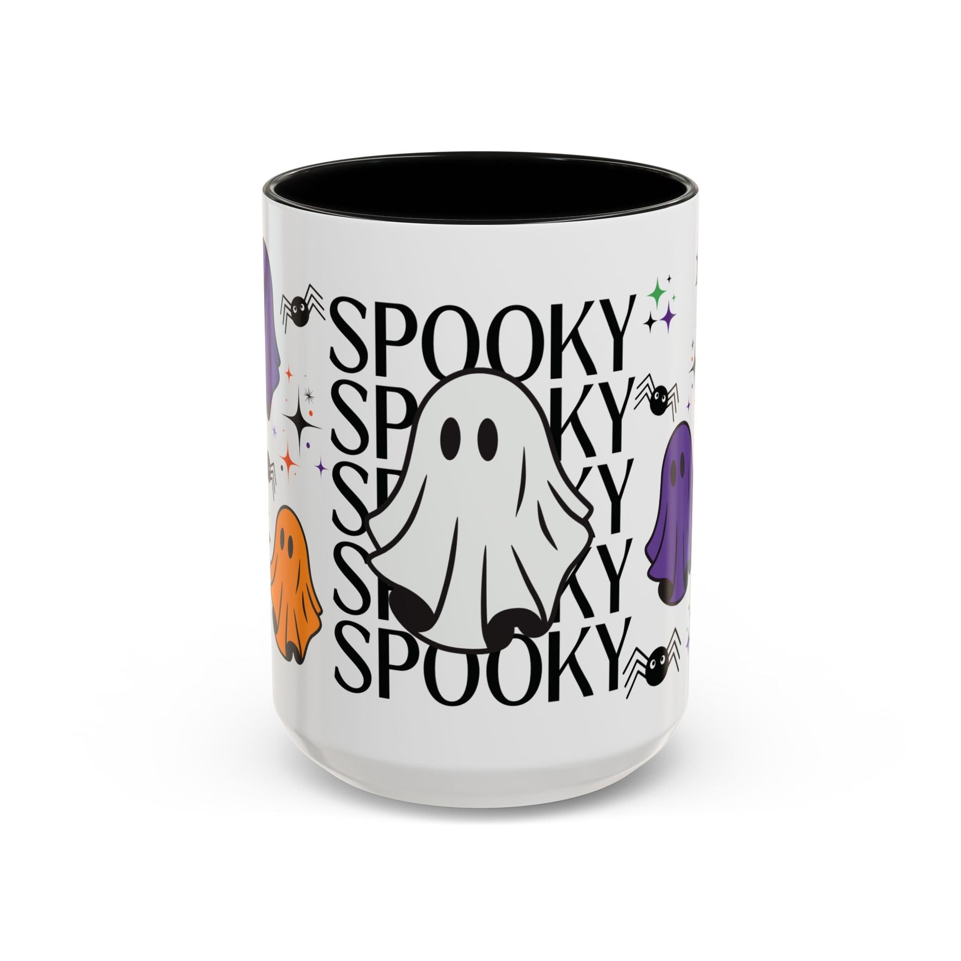 spooky ghosts, colorful design, white mug with black accent handle and interior, halloween drinkware