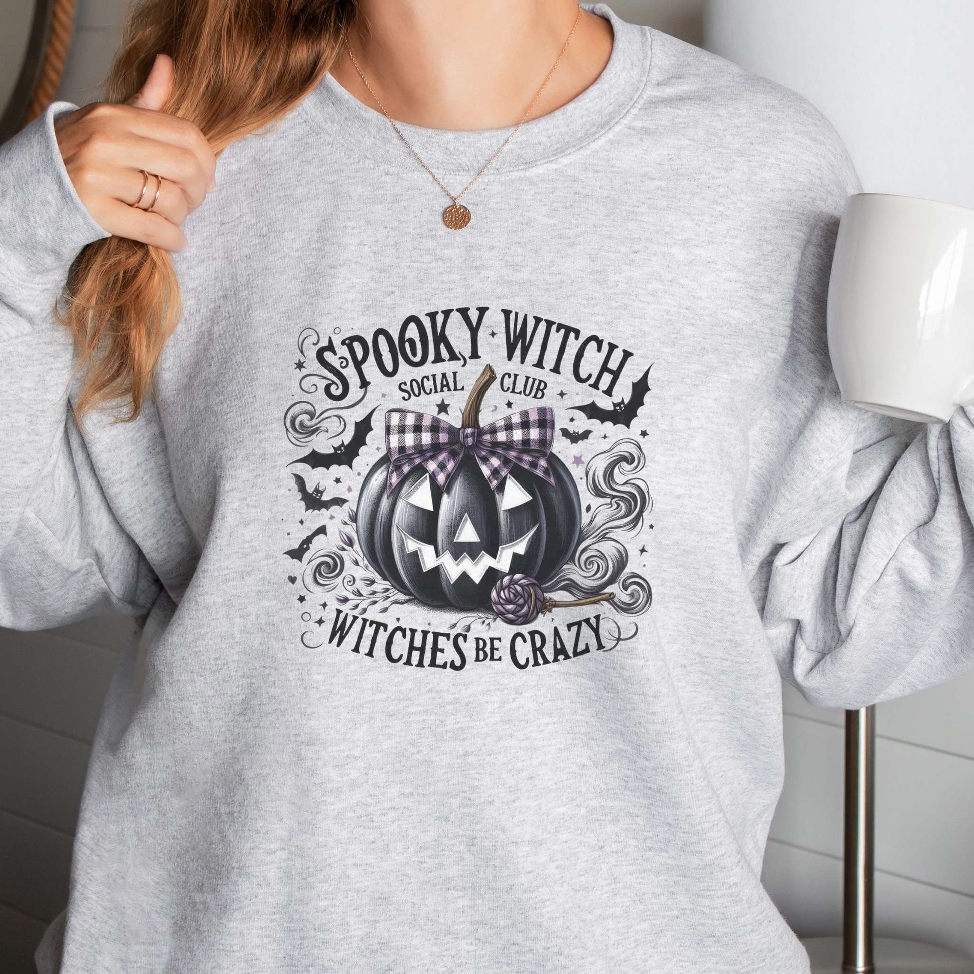 spooky witch social club, withces be crazy, womens halloween sweatshirt, ash