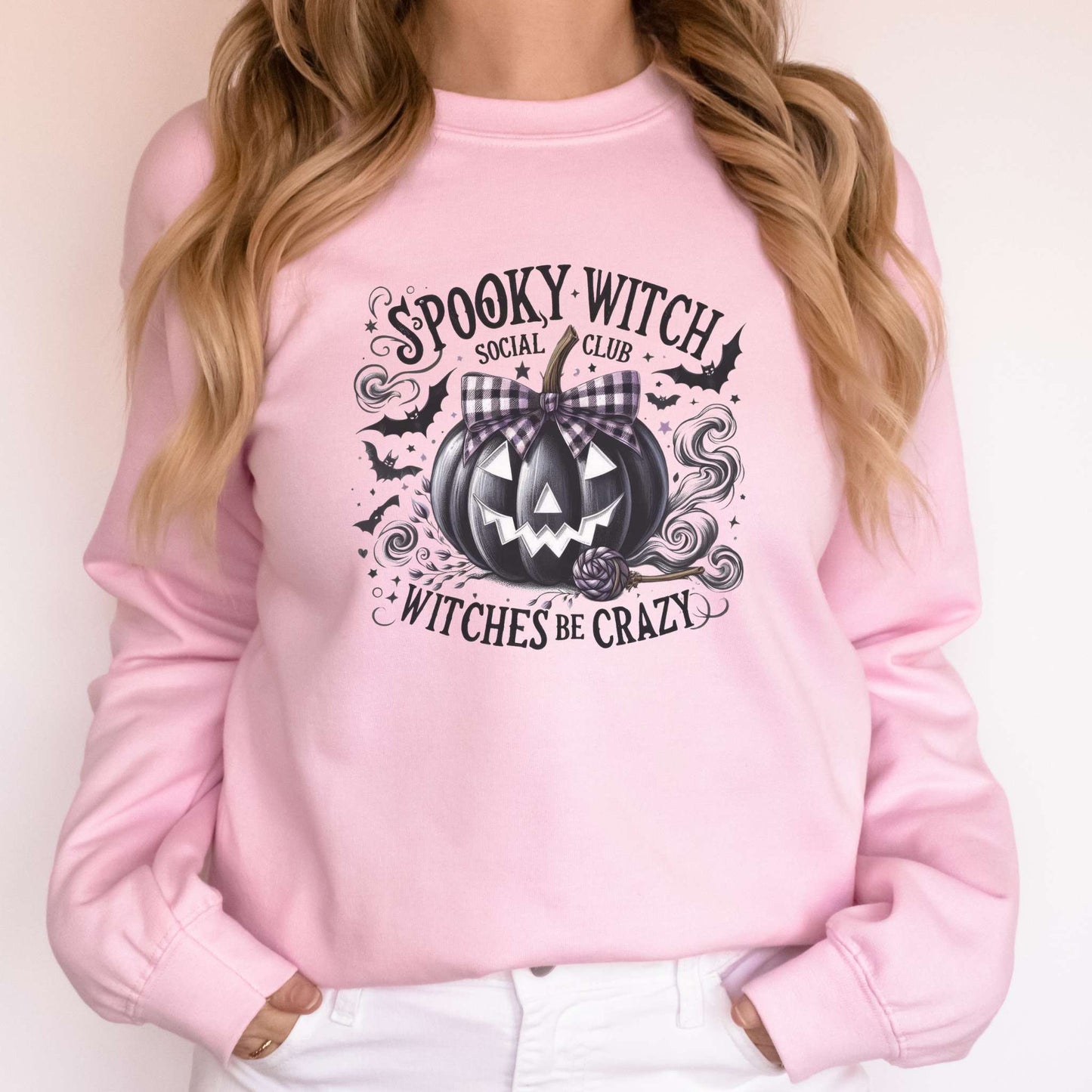 spooky witch social club, withces be crazy, womens halloween sweatshirt, pink