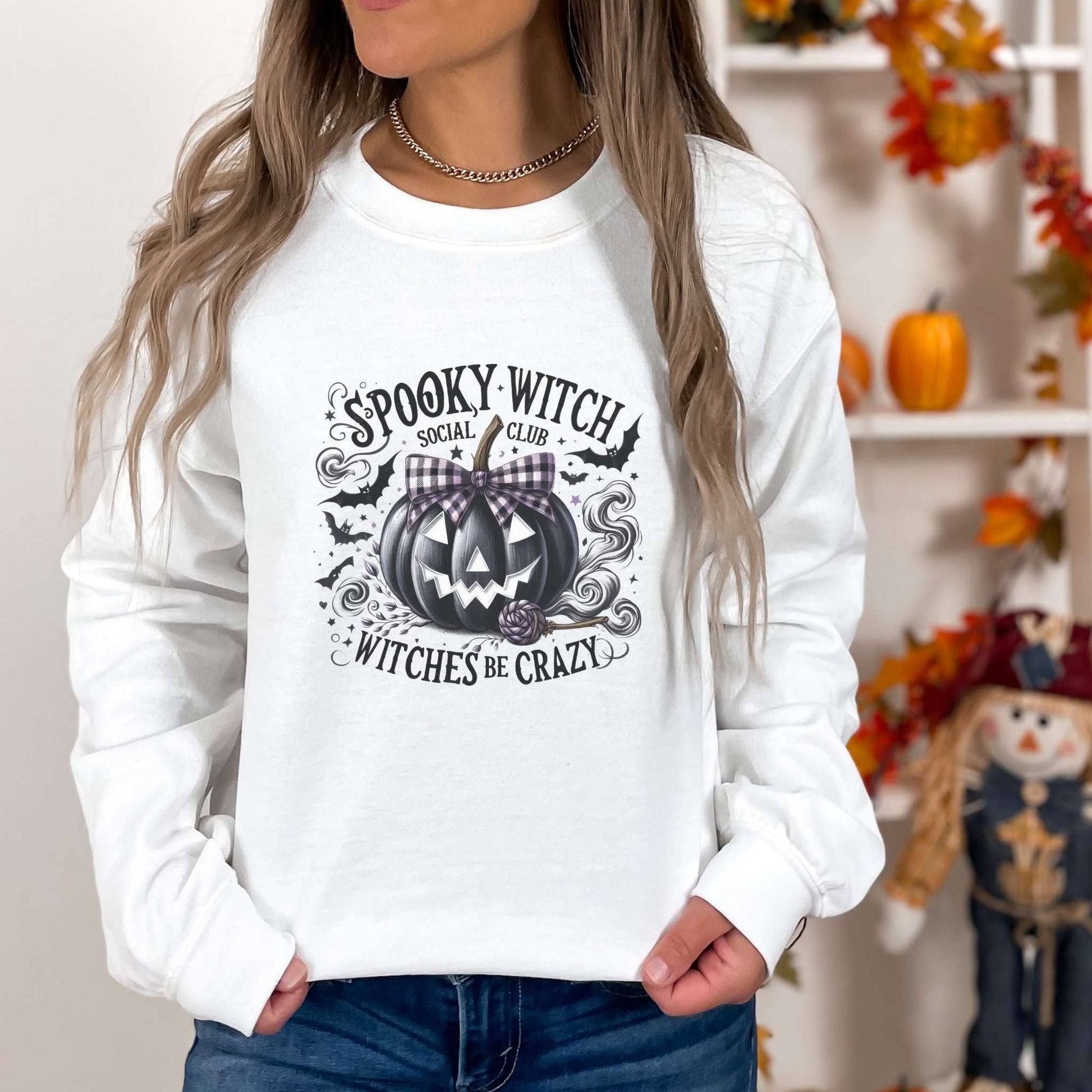 spooky witch social club, withces be crazy, womens halloween sweatshirt, white