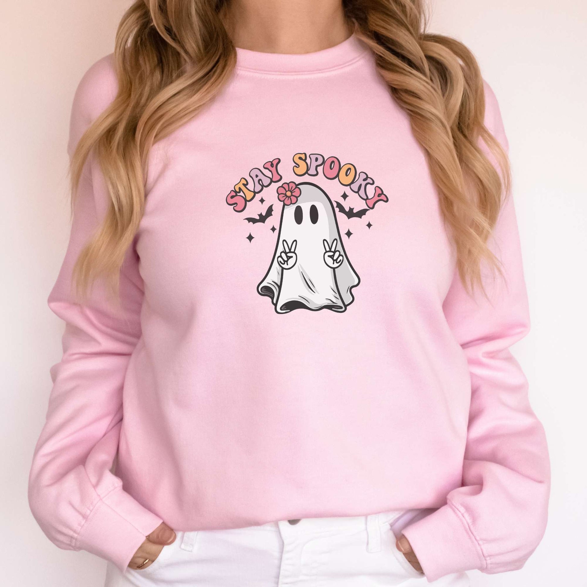 Stay Spooky, ghost, retro, women's sweatshirt, halloween, apparel, pink