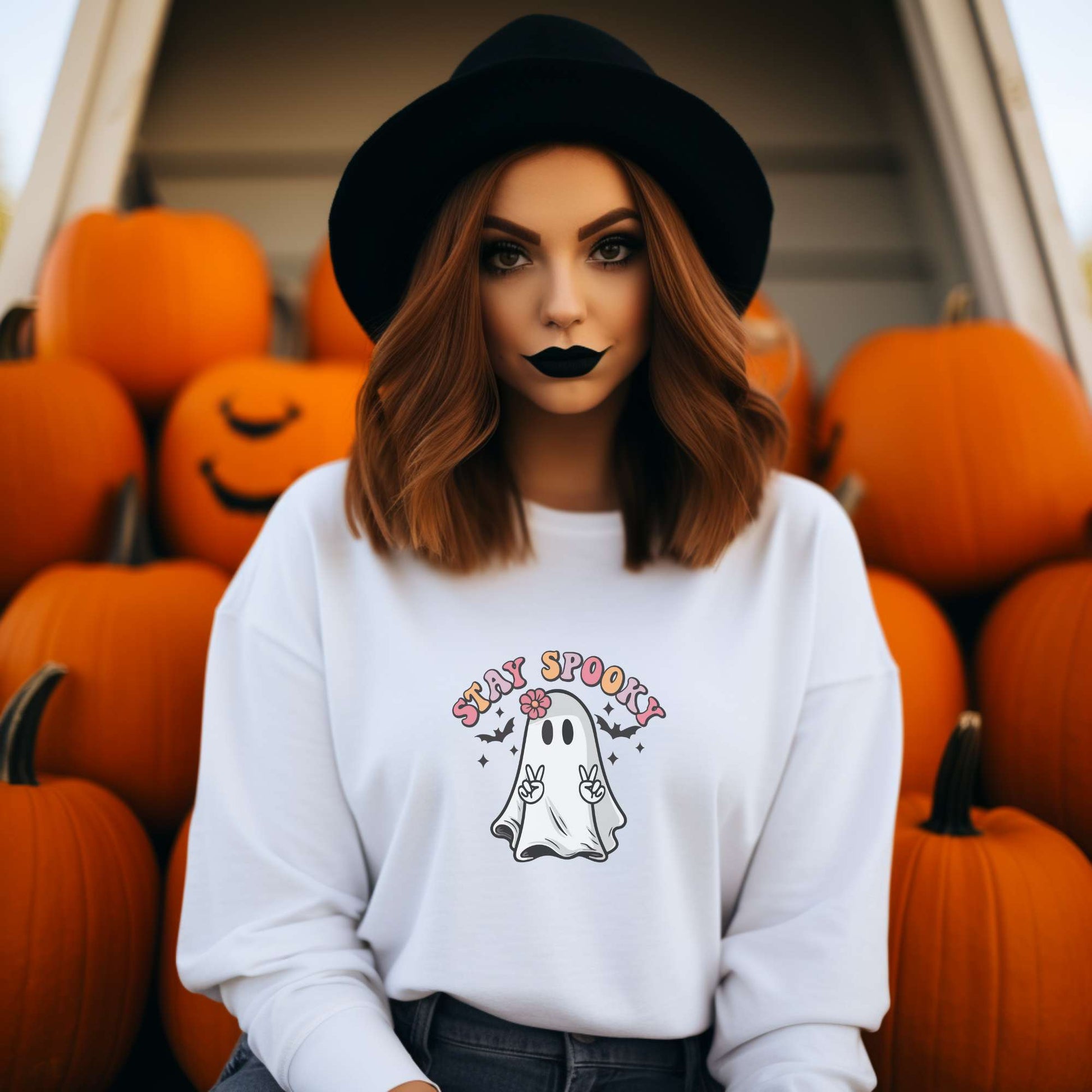 Stay Spooky, ghost, retro, women's sweatshirt, halloween, apparel, white