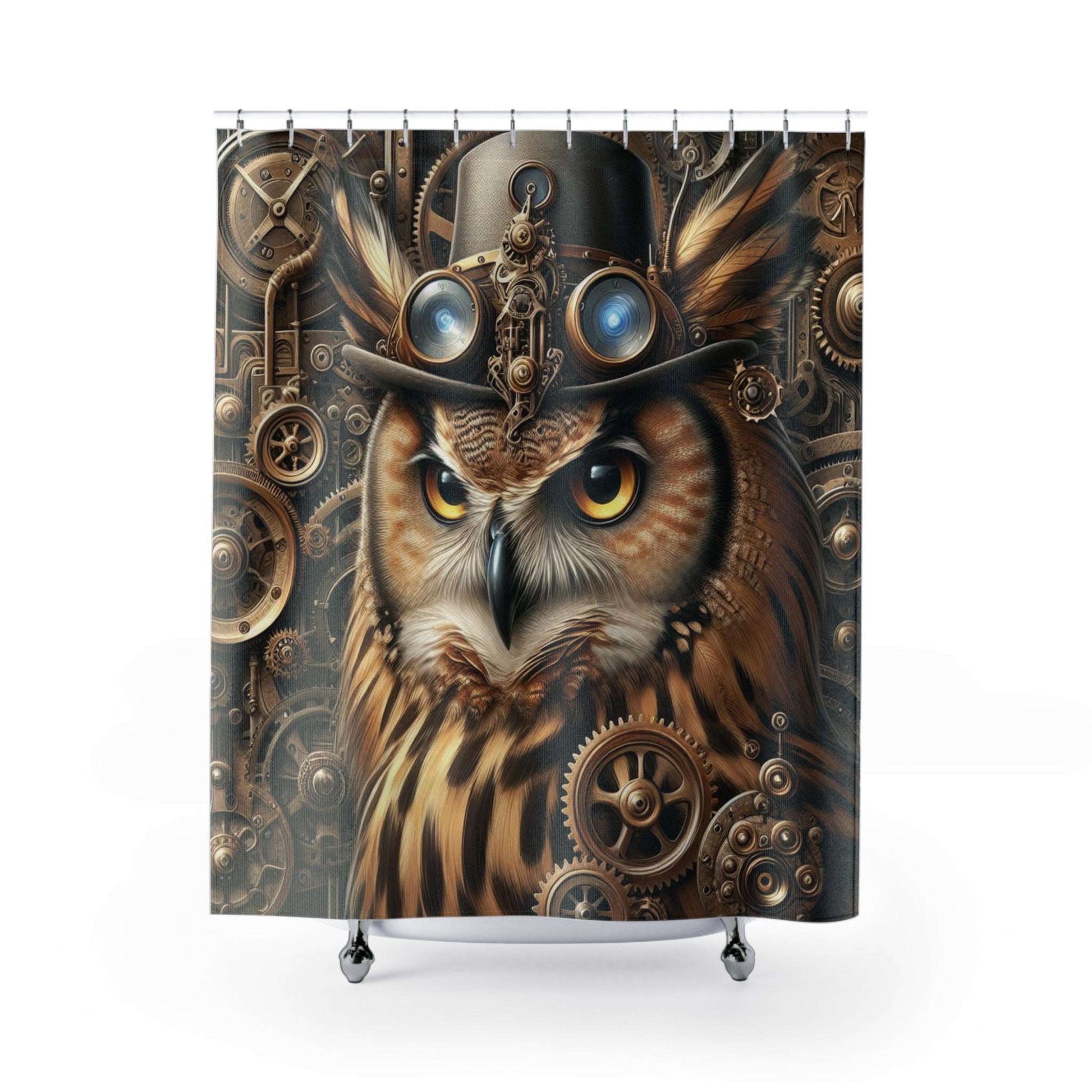 steampunk owl, shower curtain, 71"x74", home decor, bathroom decor