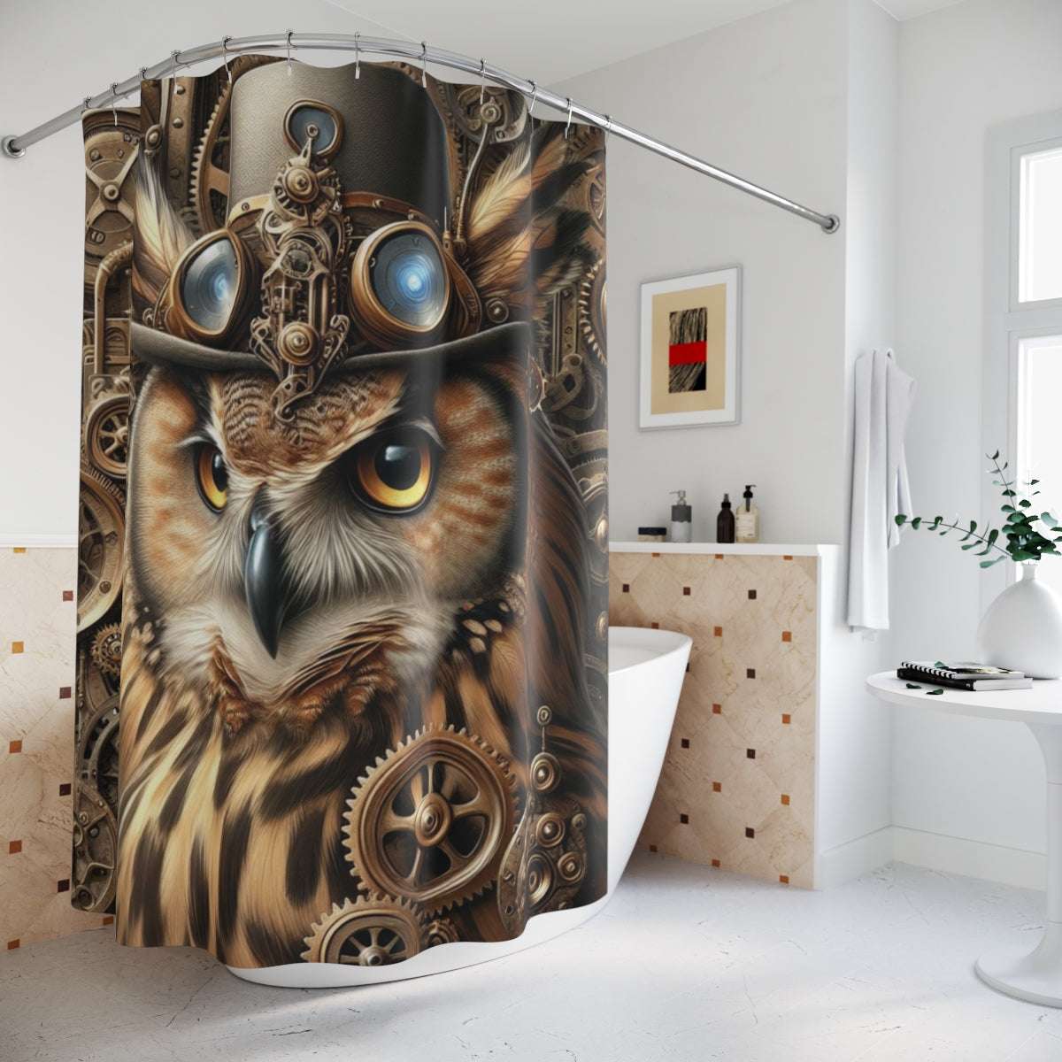 steampunk owl shower curtain, 71"x74" bathroom decor, home decor