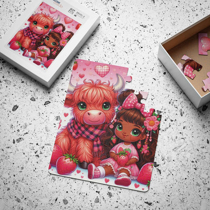 pink and red, strawberry, highland cow, strawberry girl, toddler puzzle, 30 pc puzzle