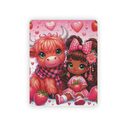 pink and red, strawberry, highland cow, strawberry girl, toddler puzzle, 30 pc puzzle