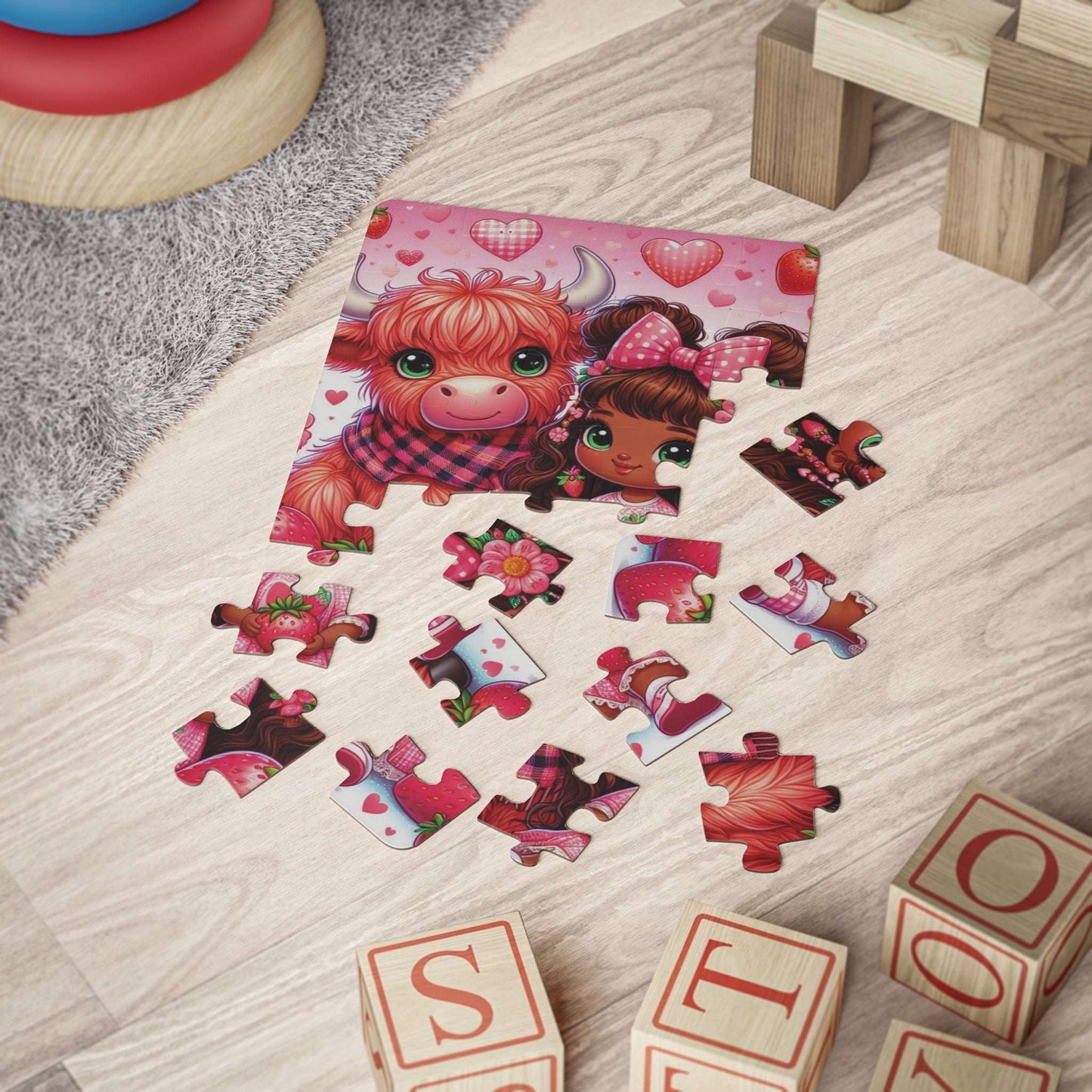 pink and red, strawberry, highland cow, strawberry girl, toddler puzzle, 30 pc puzzle