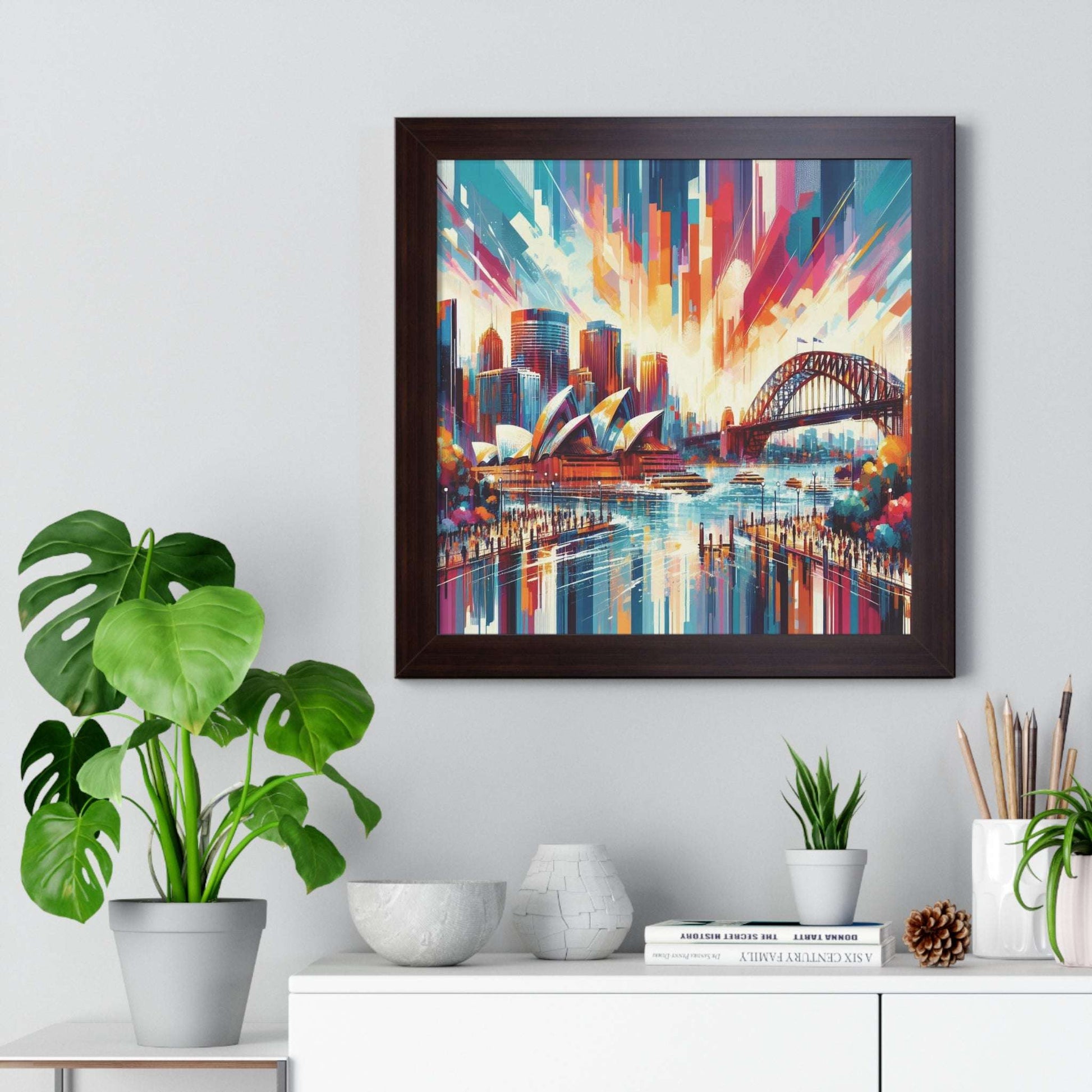 sydney skyline abstract art, poster print, wall art, home decor, walnut frame