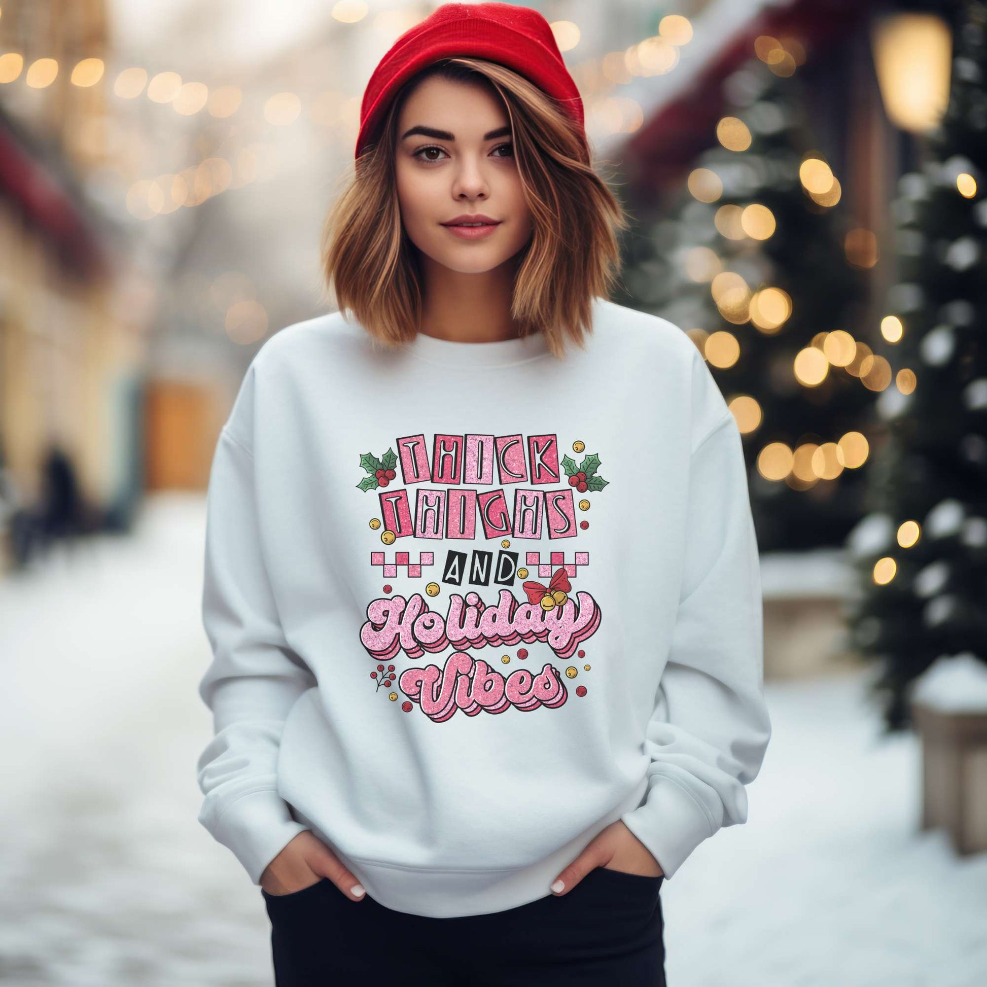 thick thighs and holiday vibes, retro design, women's holiday sweatshirt, white