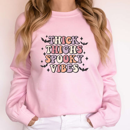 thick thighs and spooky vibes, halloween sweatshirt, womens top, retro, pink