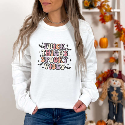 thick thighs and spooky vibes, halloween sweatshirt, womens top, retro, white