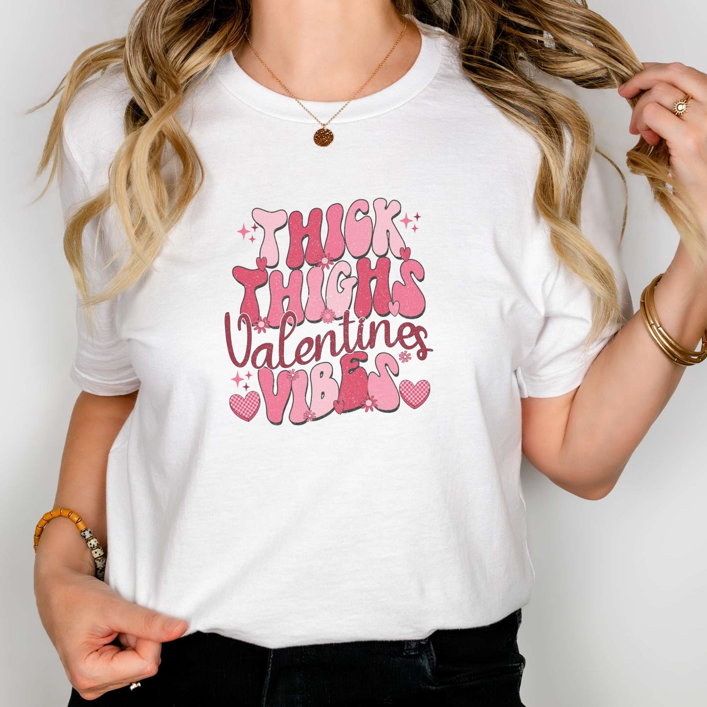 thick thighs valentine's vibes, women's tee, valentine's day, holiday tee, white