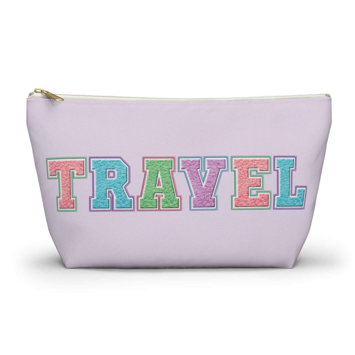 travel pouch, faux chenille letter print, accessories, travel bag