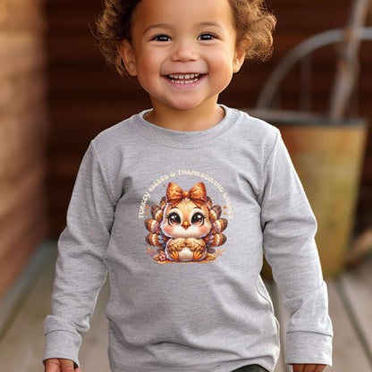 turkey kisses and thanksgiving wishes toddler long sleeve sweatshirt, cute baby turkey design, heather grey