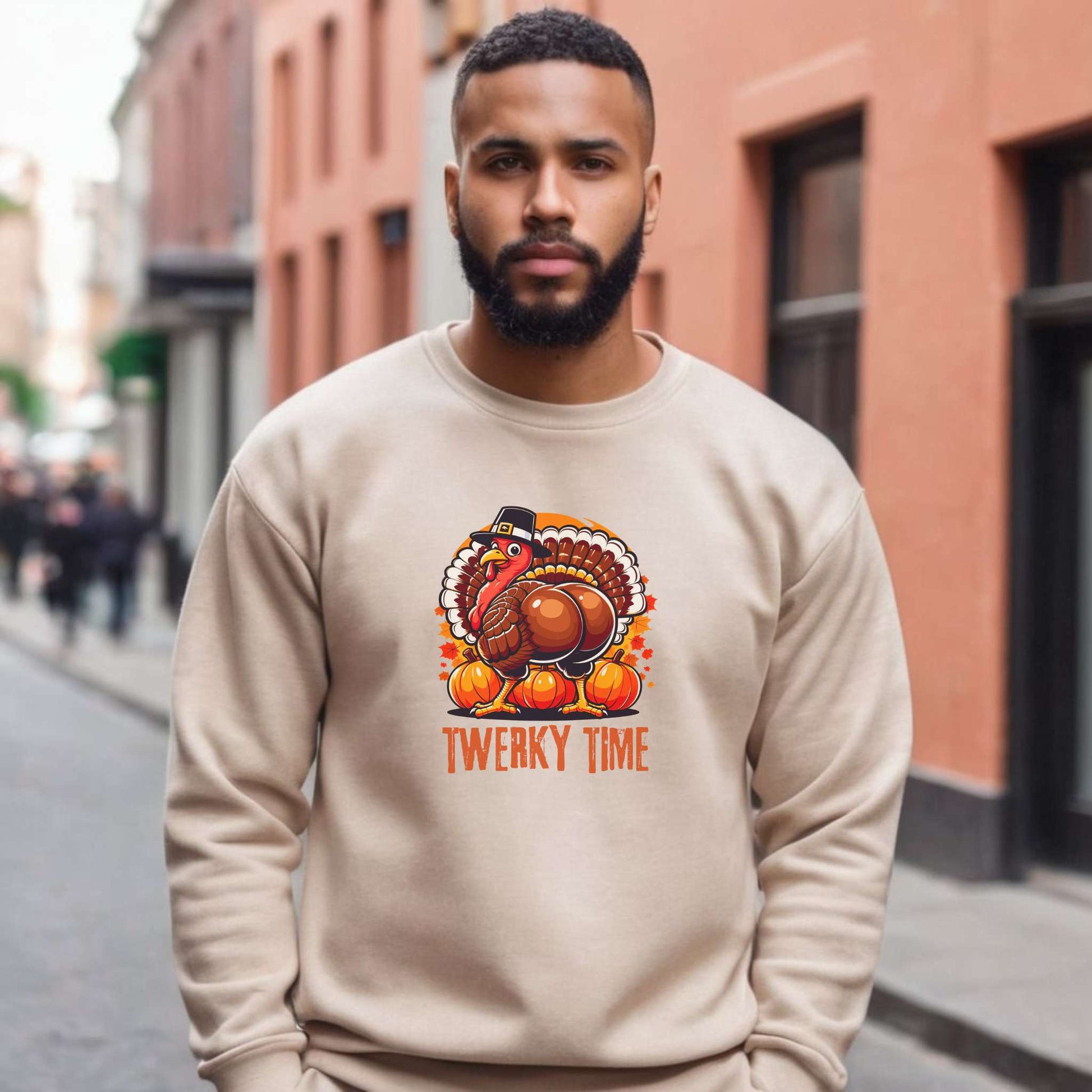 twerky time mens thanksgiving sweatshirt, twerkin turkey, holiday apparel, sand