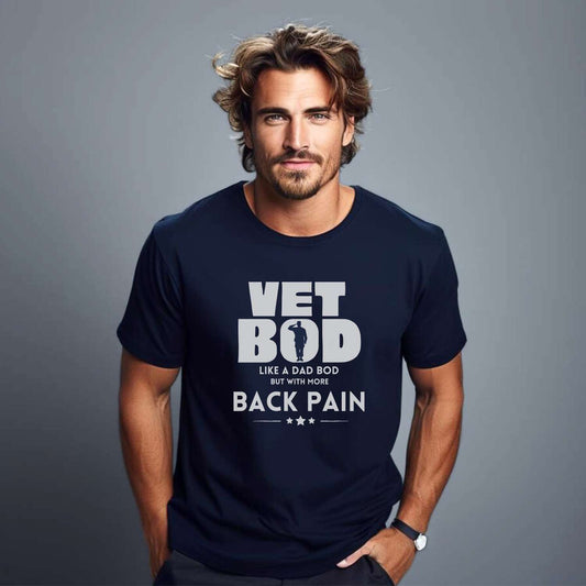 vet bod, like a dad bod but with more back pain, men's t-shirt, men's tops, veteran, gift, navy