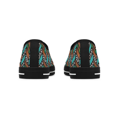 western geometric, cow print, turquoise brown, black sole womens sneakers