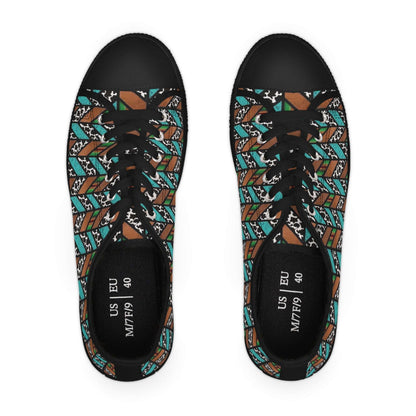 western geometric, cow print, turquoise brown, black sole womens sneakers