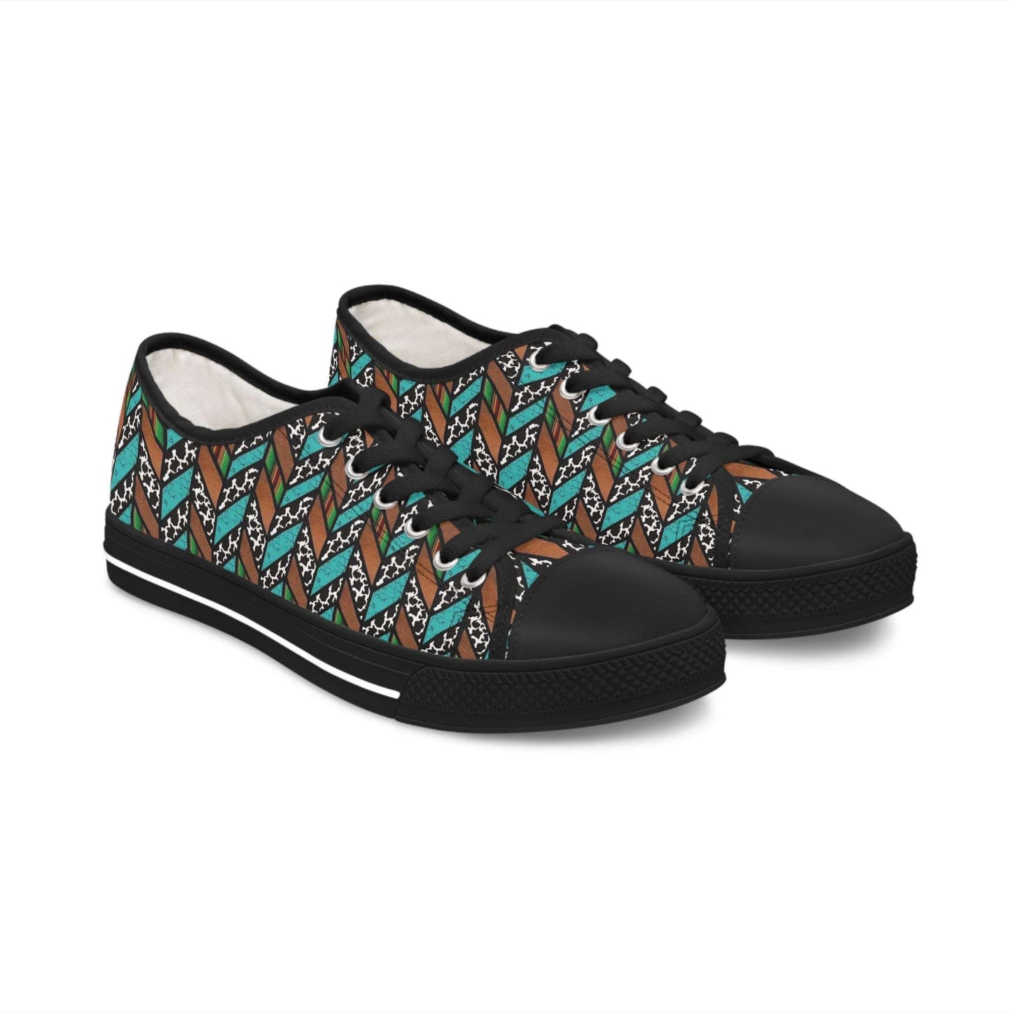 western geometric, cow print, turquoise brown, black sole womens sneakers