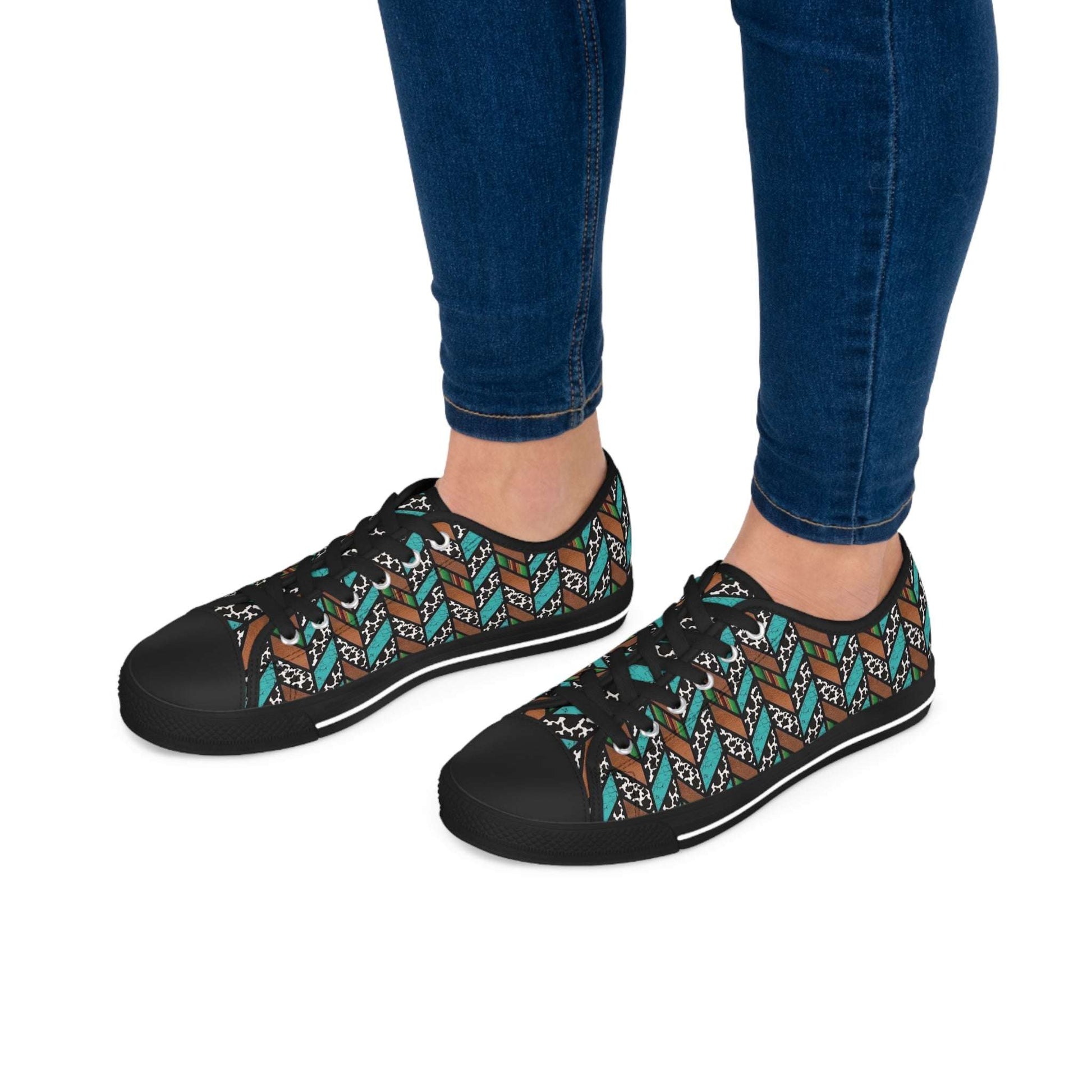 western geometric, cow print, turquoise brown, black sole womens sneakers