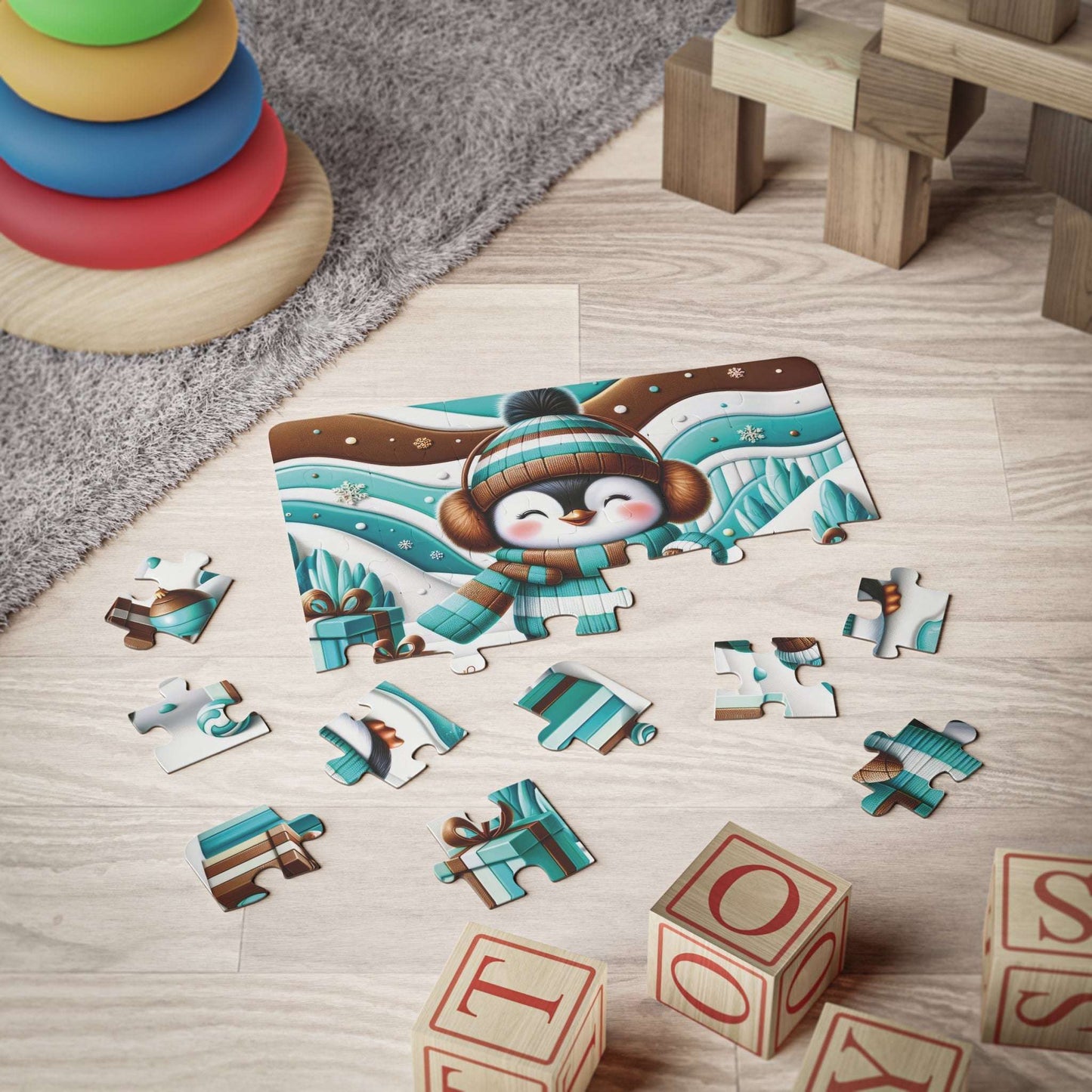 winter penguin, toddler jigsaw puzzle, 30 piece, large pieces, holiday gift, neutral gift